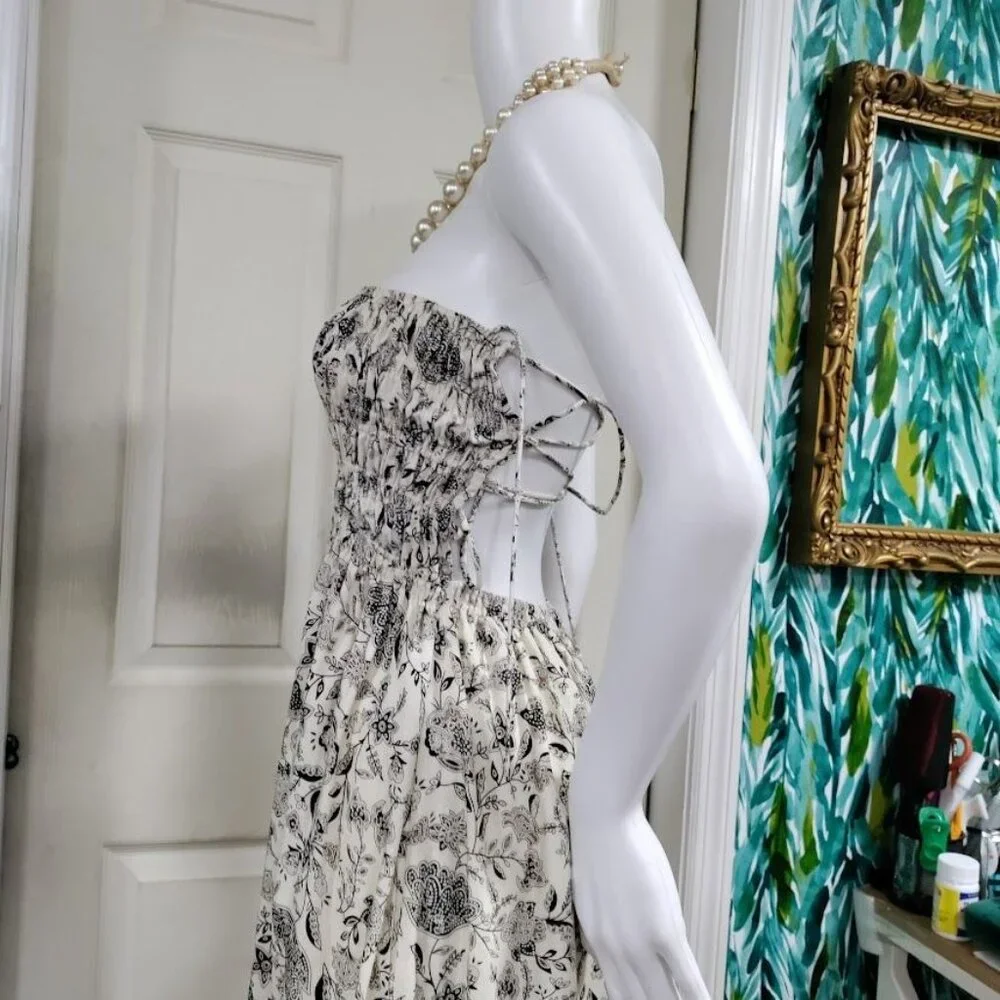 ASTR the Label Floral Print Maxi Linen Dress With Smocked Bodice Back Tie S - Picture 3 of 11